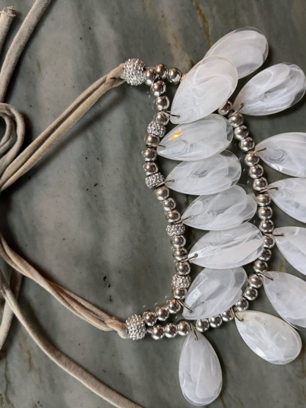 Anthropologie White Teardrop Bib Statement Necklace Silver Beads
